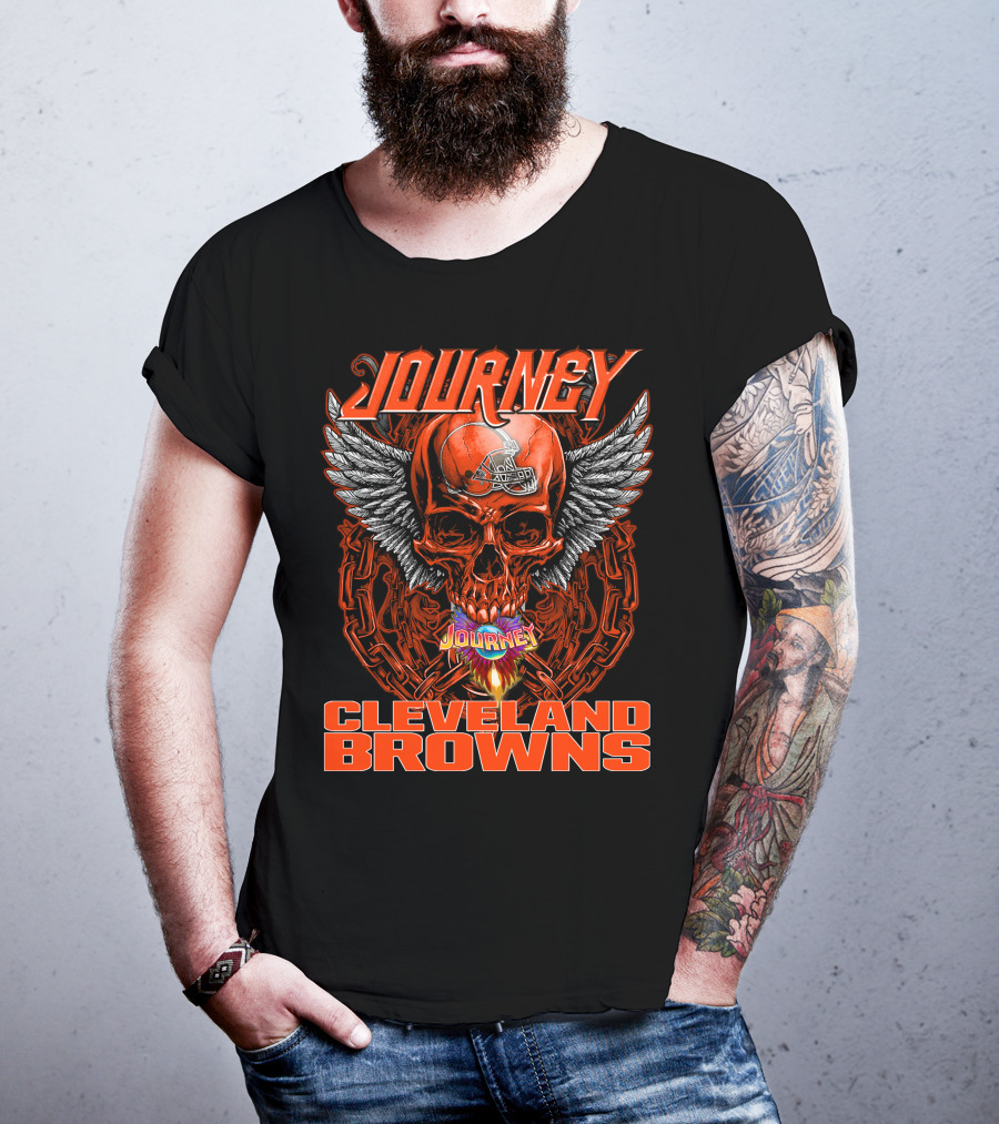 JOURNEY Winged Flaming Skull CLEVELAND BROWNS Football Helmet T-Shirt