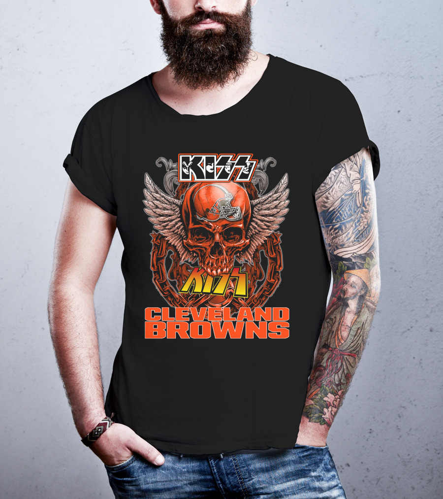 Kiss Cleveland Browns Skull Helmet Wings Chains T-Shirt