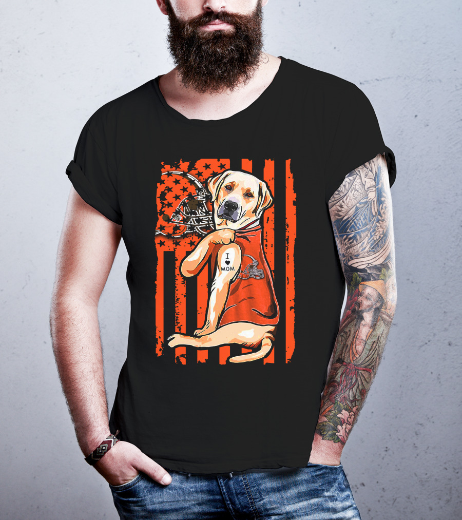 Labrador Retriever In Cleveland Browns Colors With Football Helmet And I Love Mom Tattoo T-Shirt