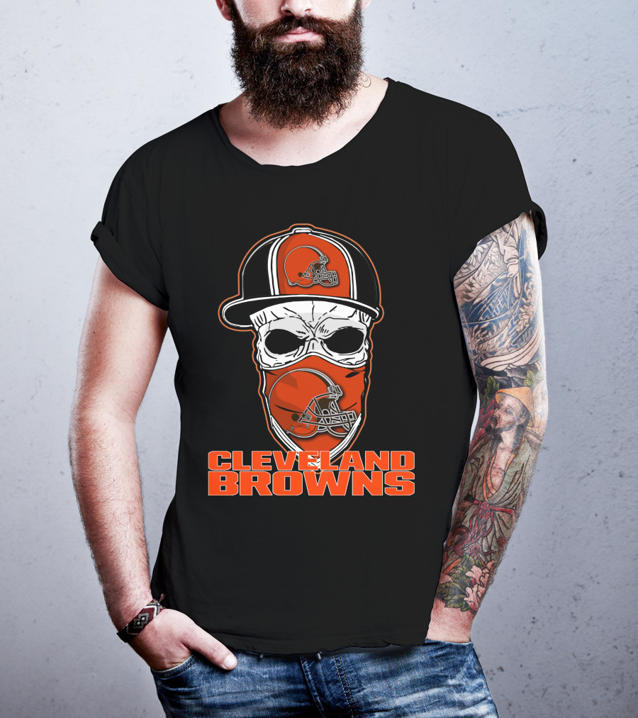 Cleveland Browns Skull With Helmet Hat And Face Mask T-Shirt