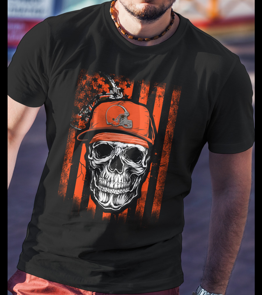 Skull In Cleveland Browns Helmet With Orange And Black Stripes T-Shirt