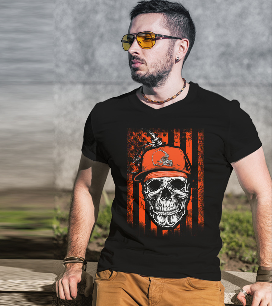 Skull In Cleveland Browns Helmet With Orange And Black Stripes T-Shirt