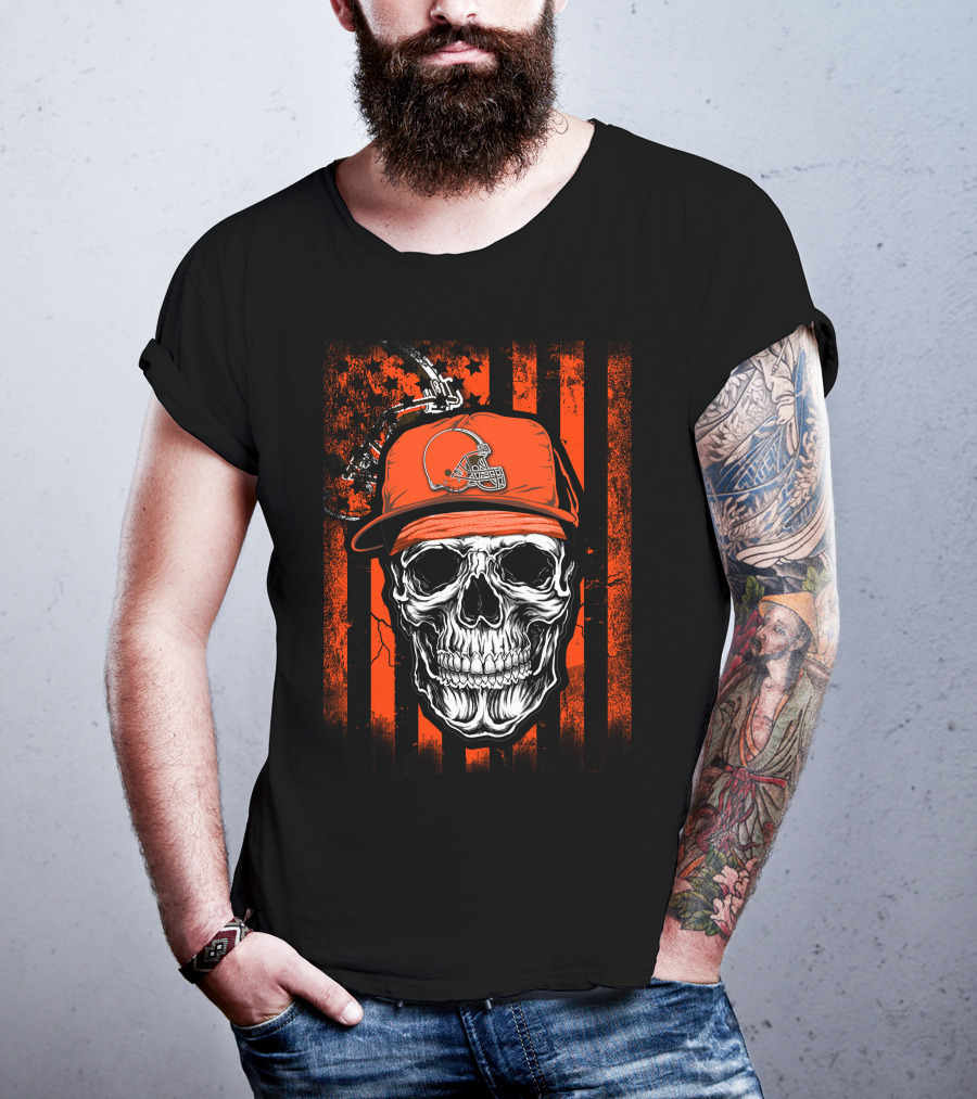 Skull In Cleveland Browns Helmet With Orange And Black Stripes T-Shirt