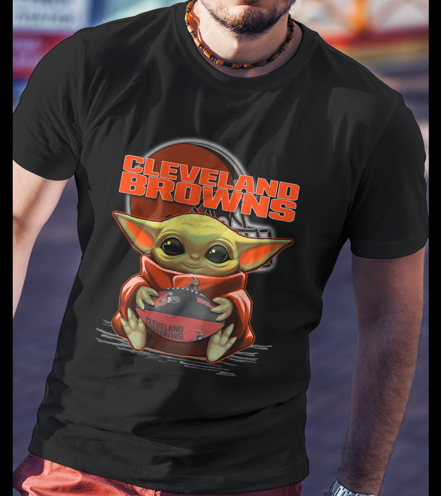 Yoda Cleveland Browns Football Holding Baby Yoda Fan T-Shirt