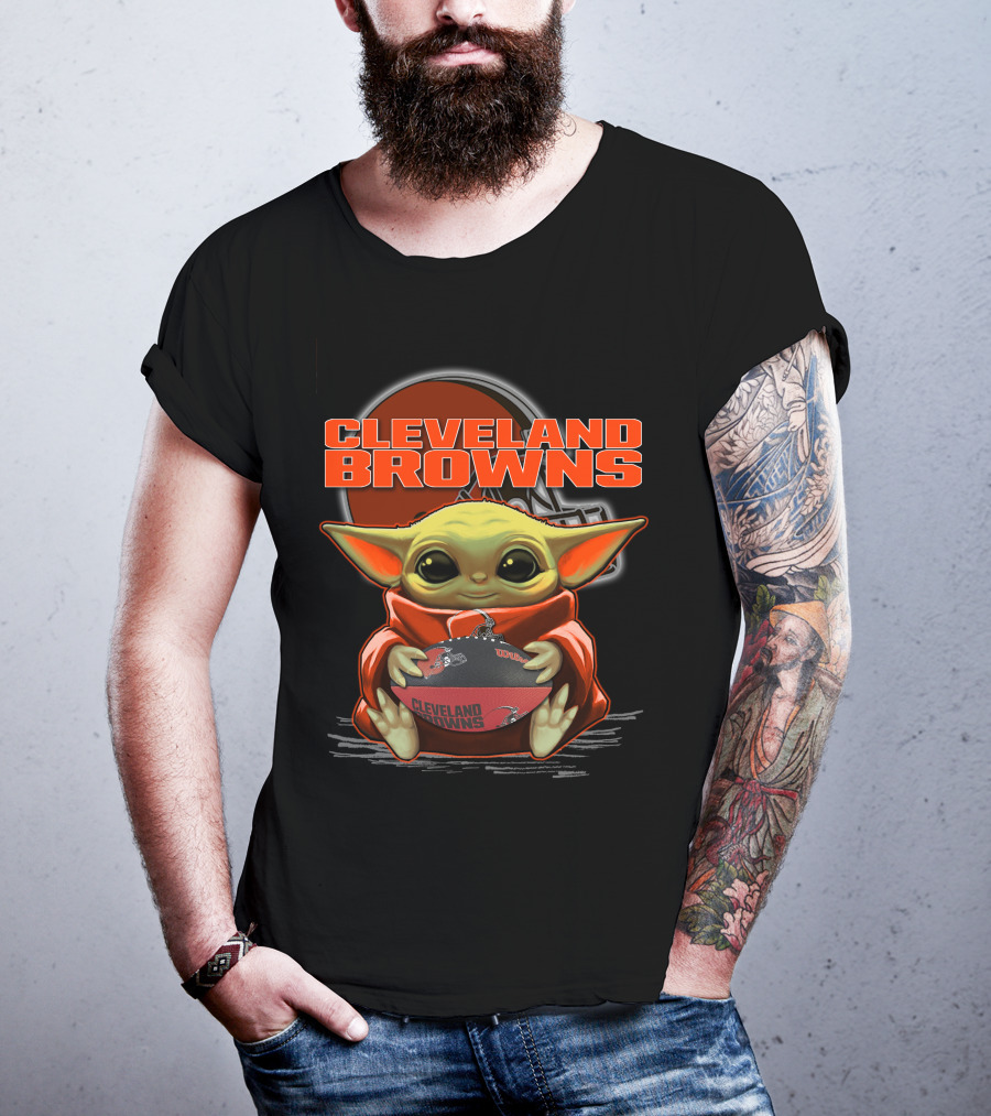 Yoda Cleveland Browns Football Holding Baby Yoda Fan T-Shirt
