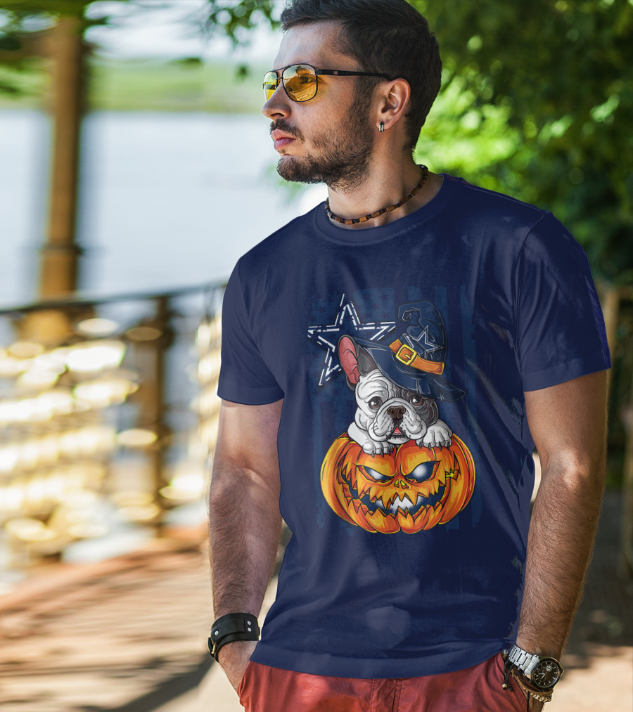 Hlw Bulldog Halloween Dallas Cowboys Pumpkin Wizard Hat T-Shirt