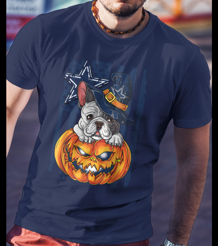 Hlw Bulldog Halloween Dallas Cowboys Pumpkin Wizard Hat T-Shirt