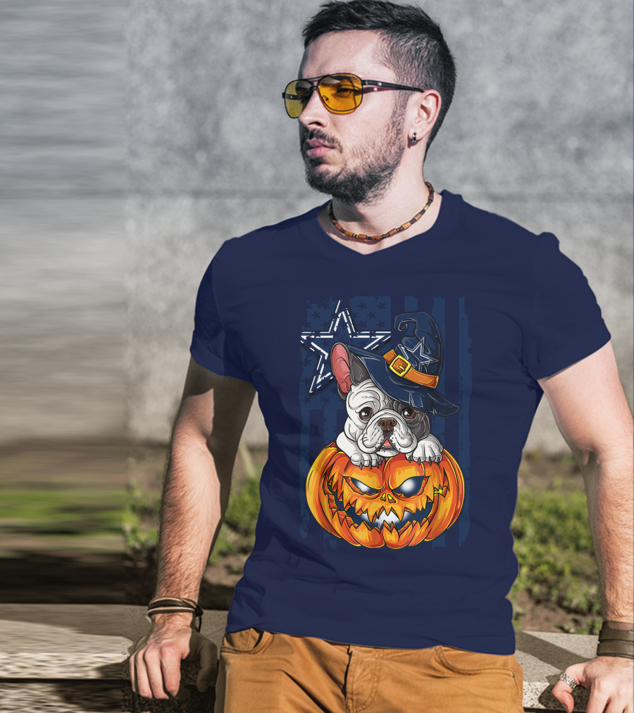 Hlw Bulldog Halloween Dallas Cowboys Pumpkin Wizard Hat T-Shirt