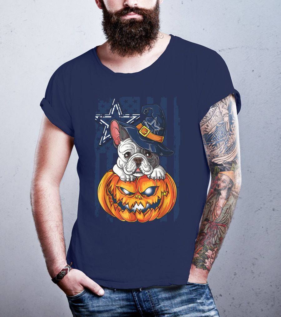 Hlw Bulldog Halloween Dallas Cowboys Pumpkin Wizard Hat T-Shirt