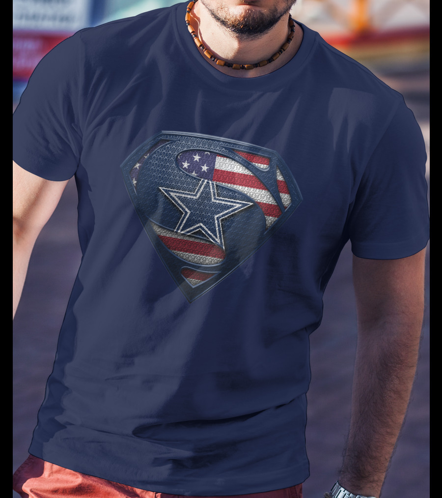 Spm DALLAS COWBOYS Superman Shield American Flag Star T-Shirt