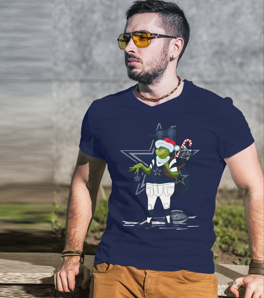 Grinchxmas Dallas Cowboys Holiday Cheer With Starry Football Twist T-Shirt