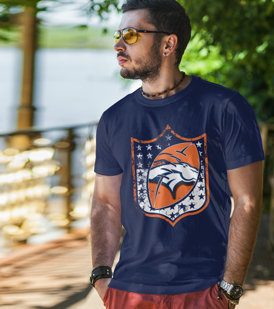 Denver Broncos Vintage Logo With Stars And Orange Shield T-Shirt