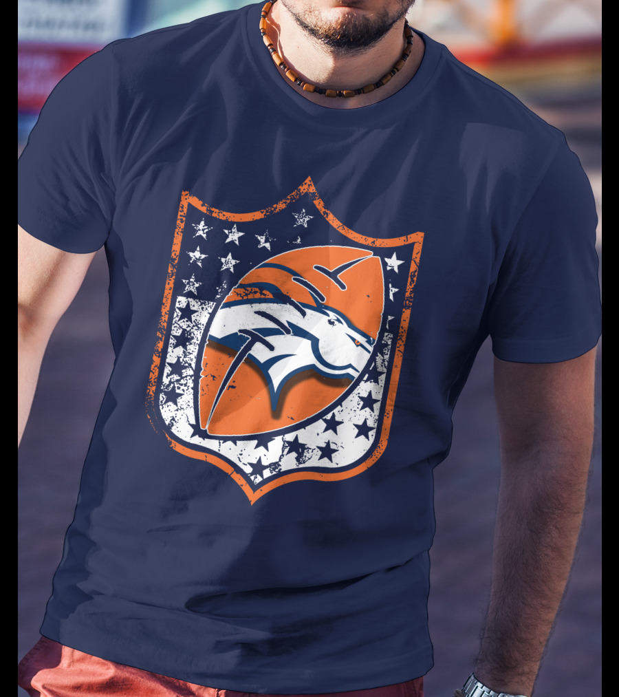 Denver Broncos Vintage Logo With Stars And Orange Shield T-Shirt