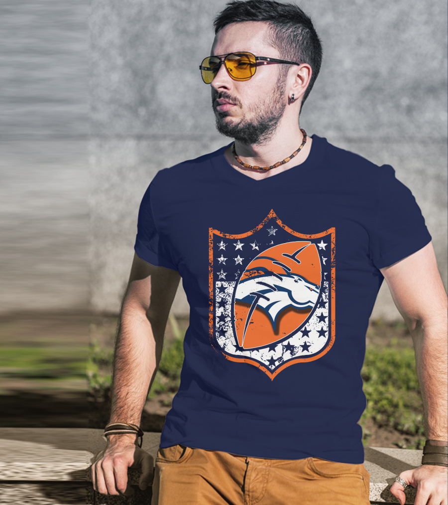 Denver Broncos Vintage Logo With Stars And Orange Shield T-Shirt