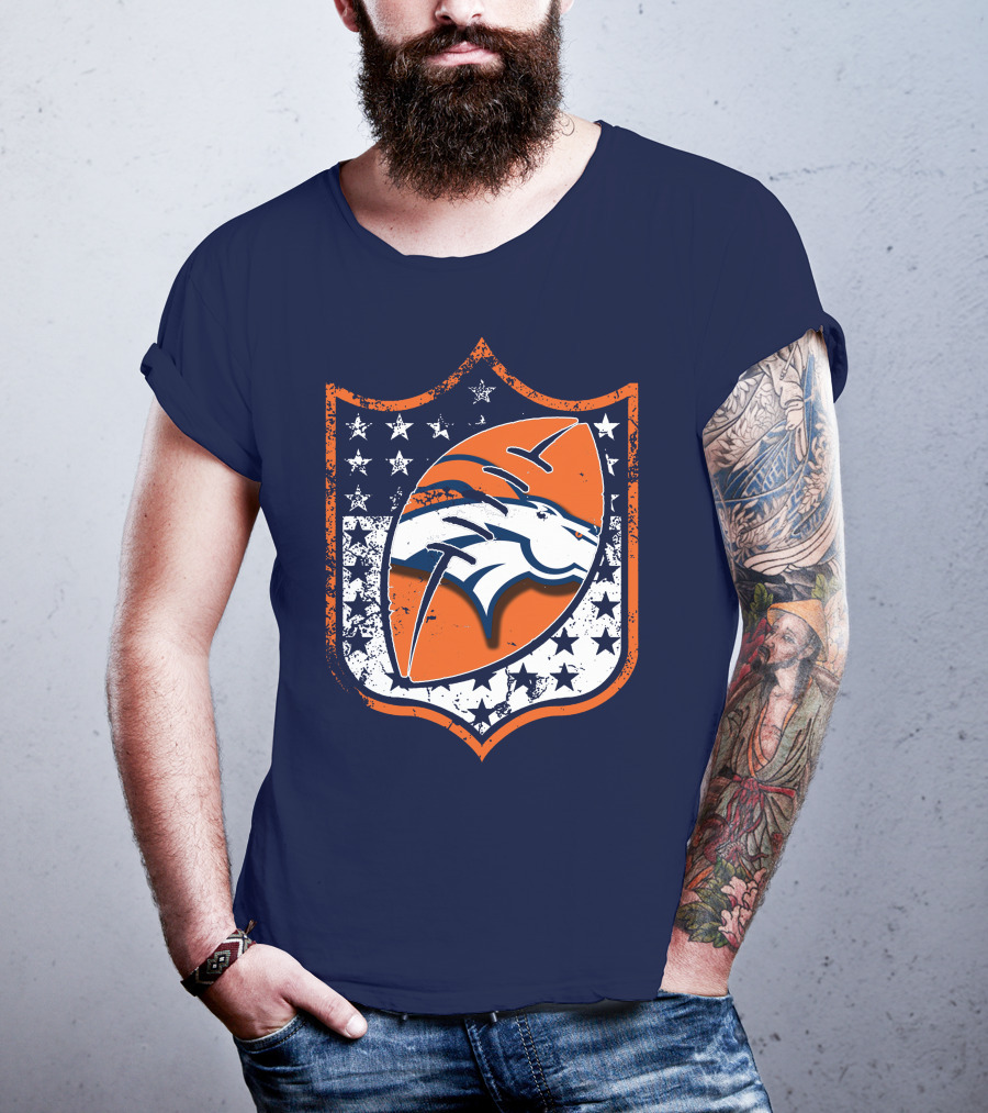 Denver Broncos Vintage Logo With Stars And Orange Shield T-Shirt