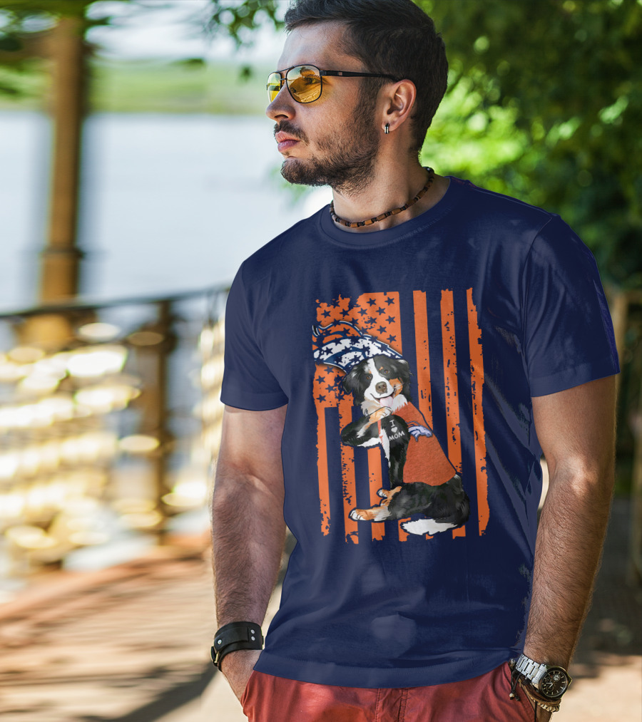 Border Collie I Love Mom Denver Broncos Fan Puppy With Flag T-Shirt