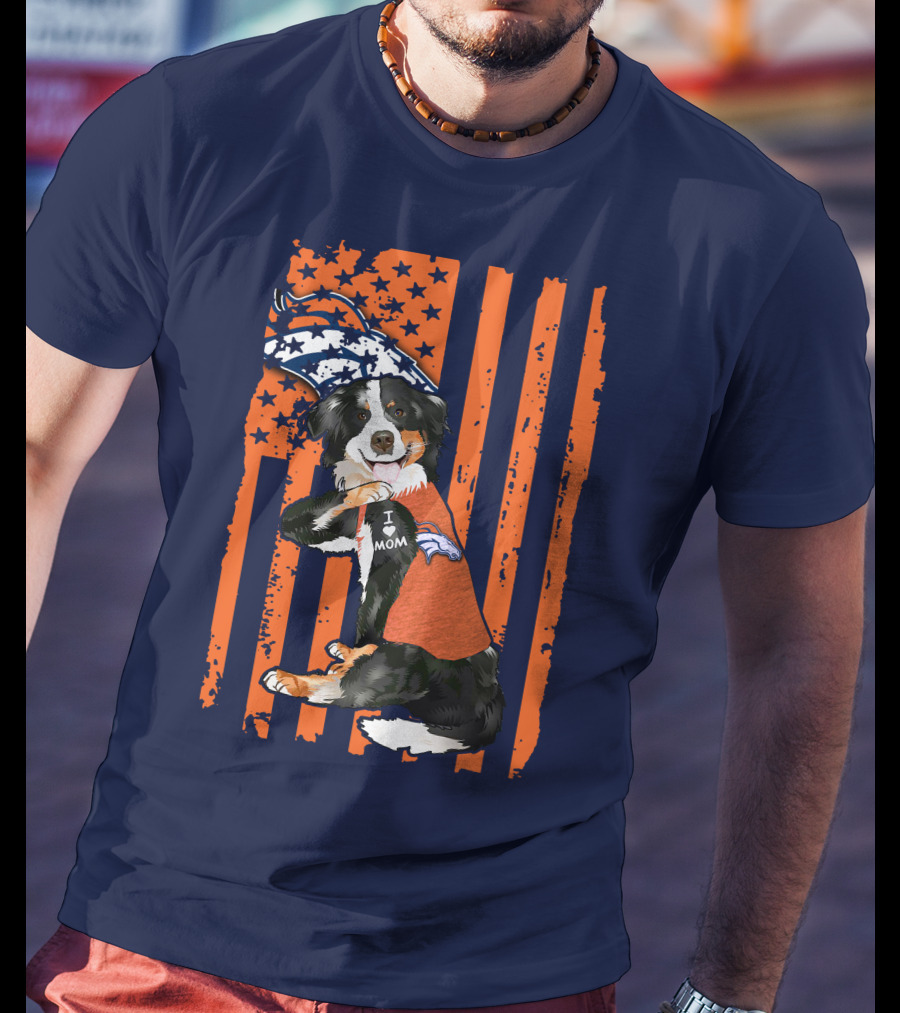 Border Collie I Love Mom Denver Broncos Fan Puppy With Flag T-Shirt