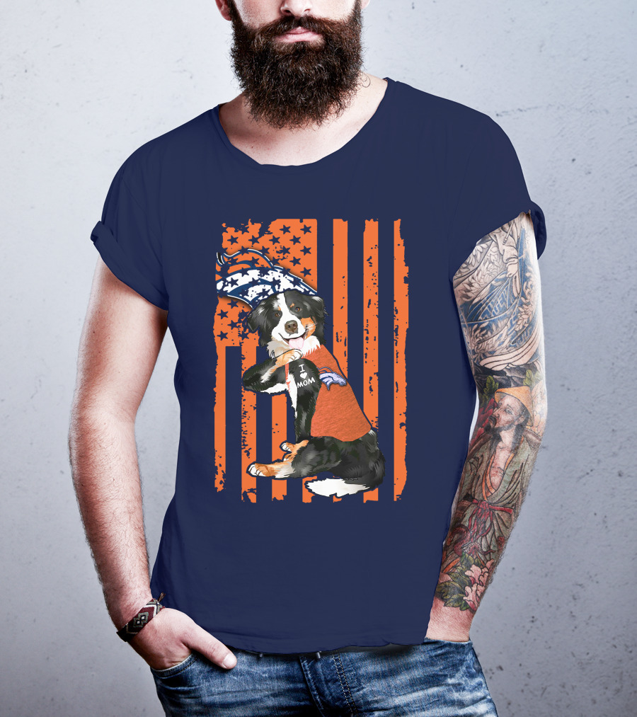 Border Collie I Love Mom Denver Broncos Fan Puppy With Flag T-Shirt