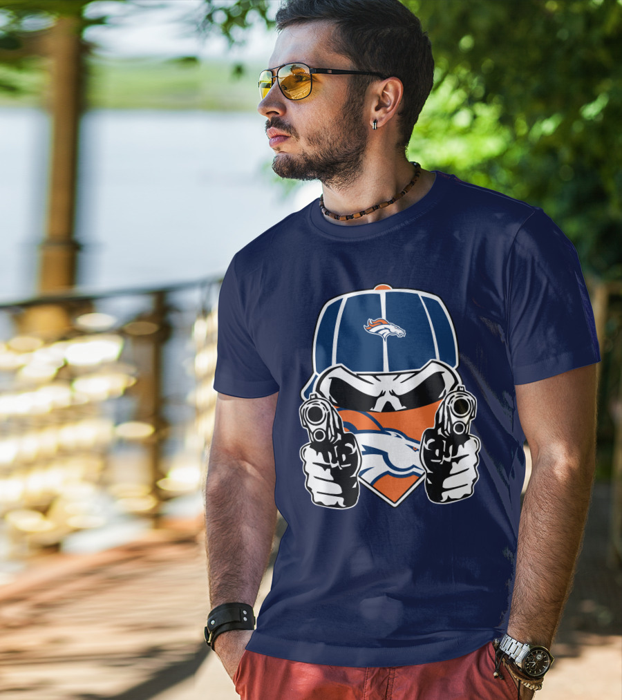 Denver Broncos Skull Bandana Dual Guns T-Shirt