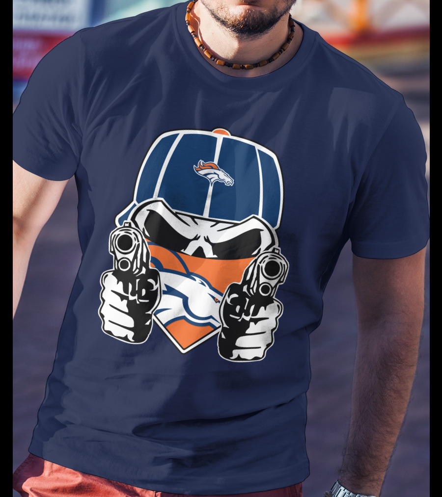 Denver Broncos Skull Bandana Dual Guns T-Shirt