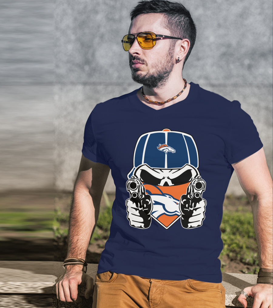 Denver Broncos Skull Bandana Dual Guns T-Shirt