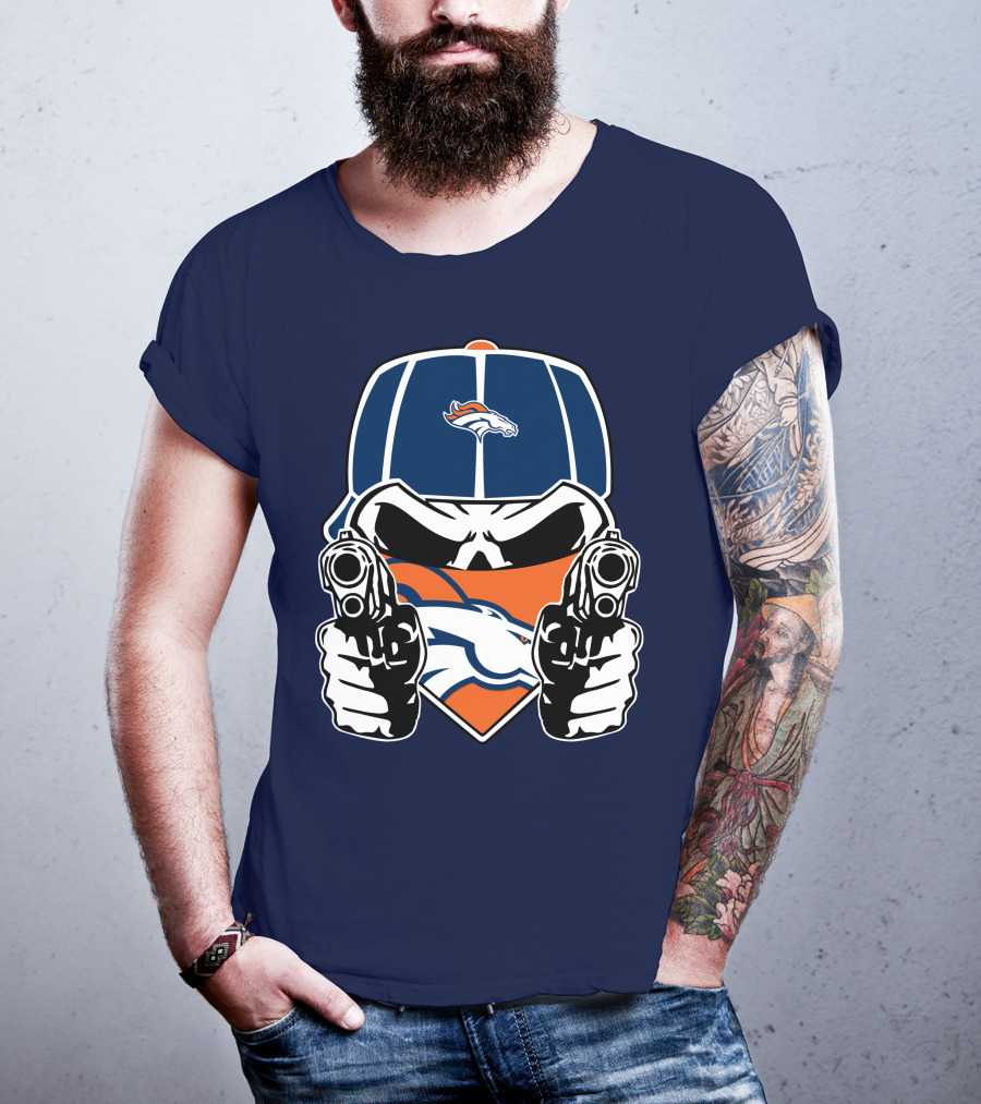 Denver Broncos Skull Bandana Dual Guns T-Shirt