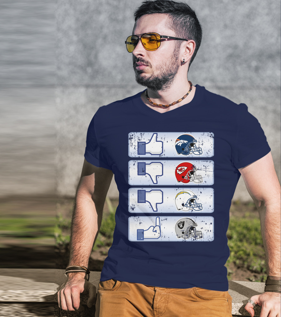 Denver Broncos Chiefs Chargers Raiders Football Helmets Social Media Like Dislike T-Shirt