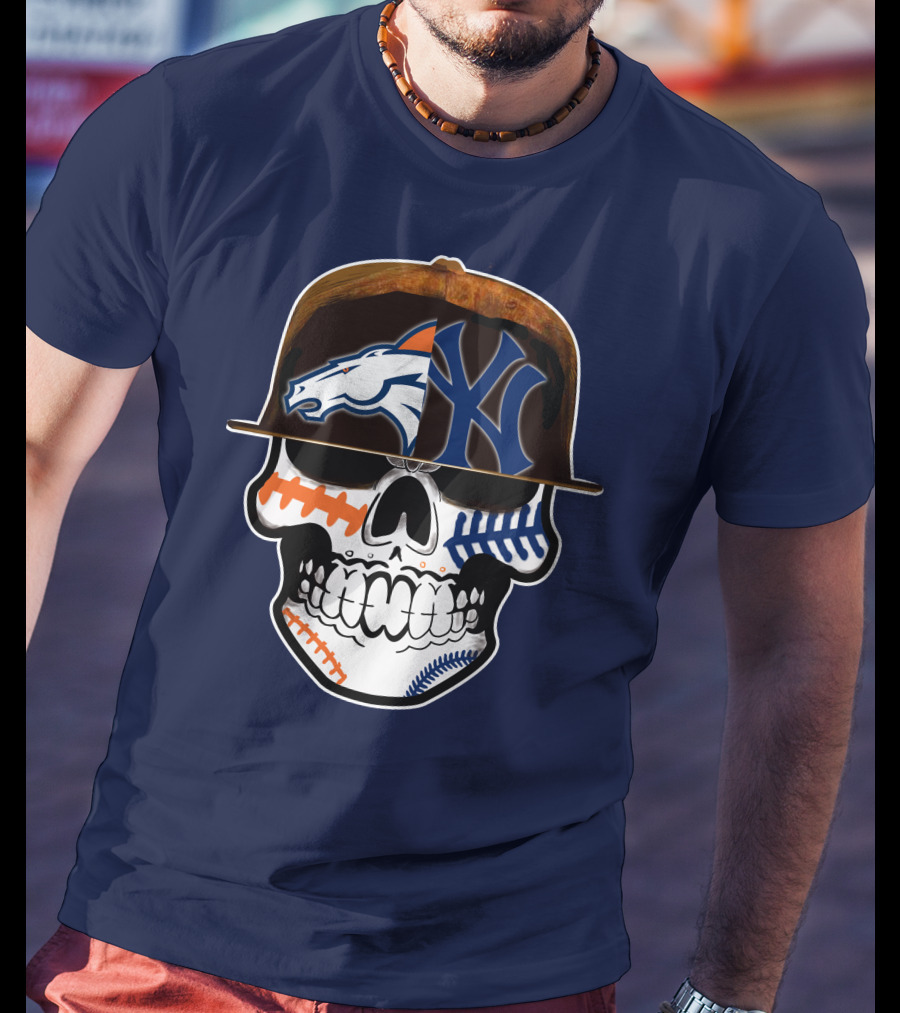 Denver Broncos New York Yankees Skull Sports Fusion T-Shirt