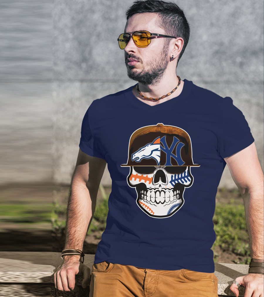 Denver Broncos New York Yankees Skull Sports Fusion T-Shirt