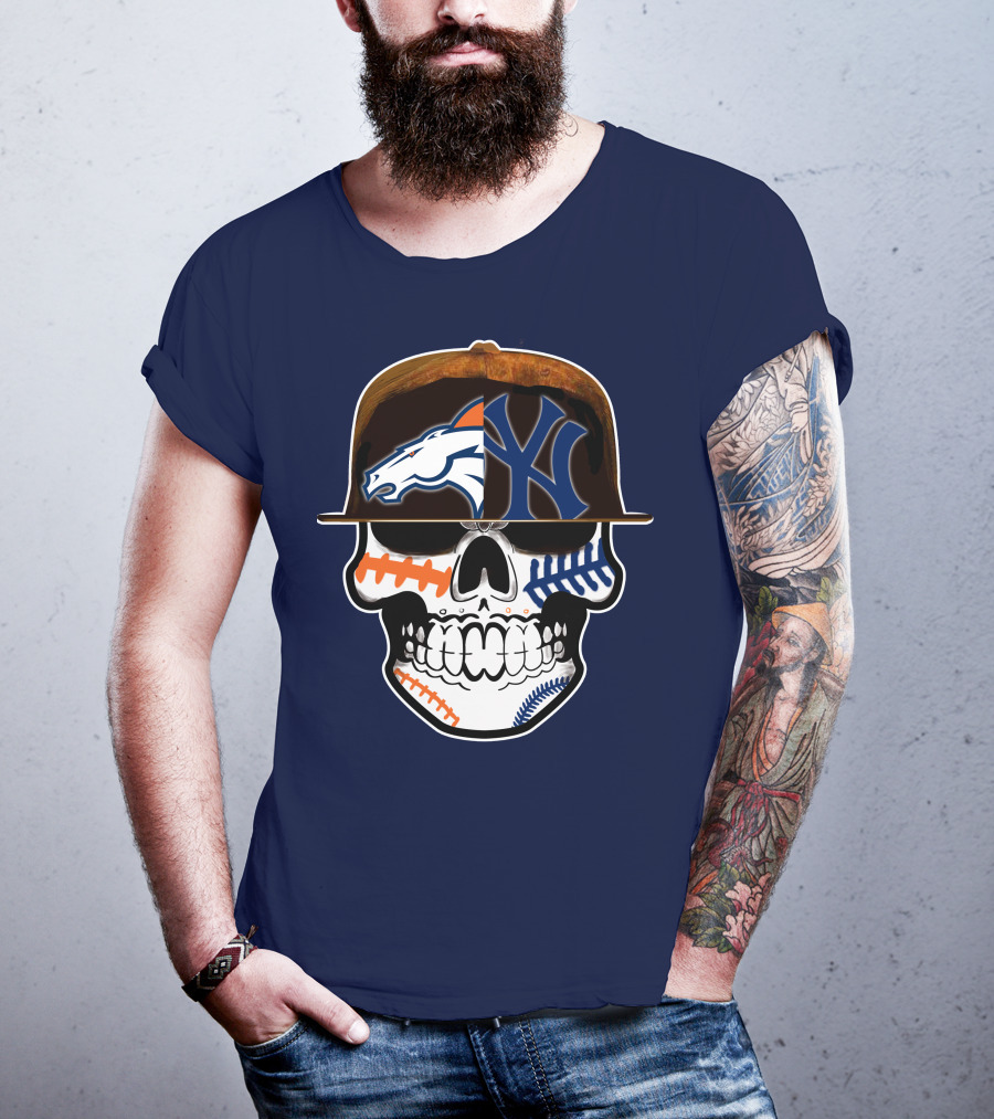 Denver Broncos New York Yankees Skull Sports Fusion T-Shirt