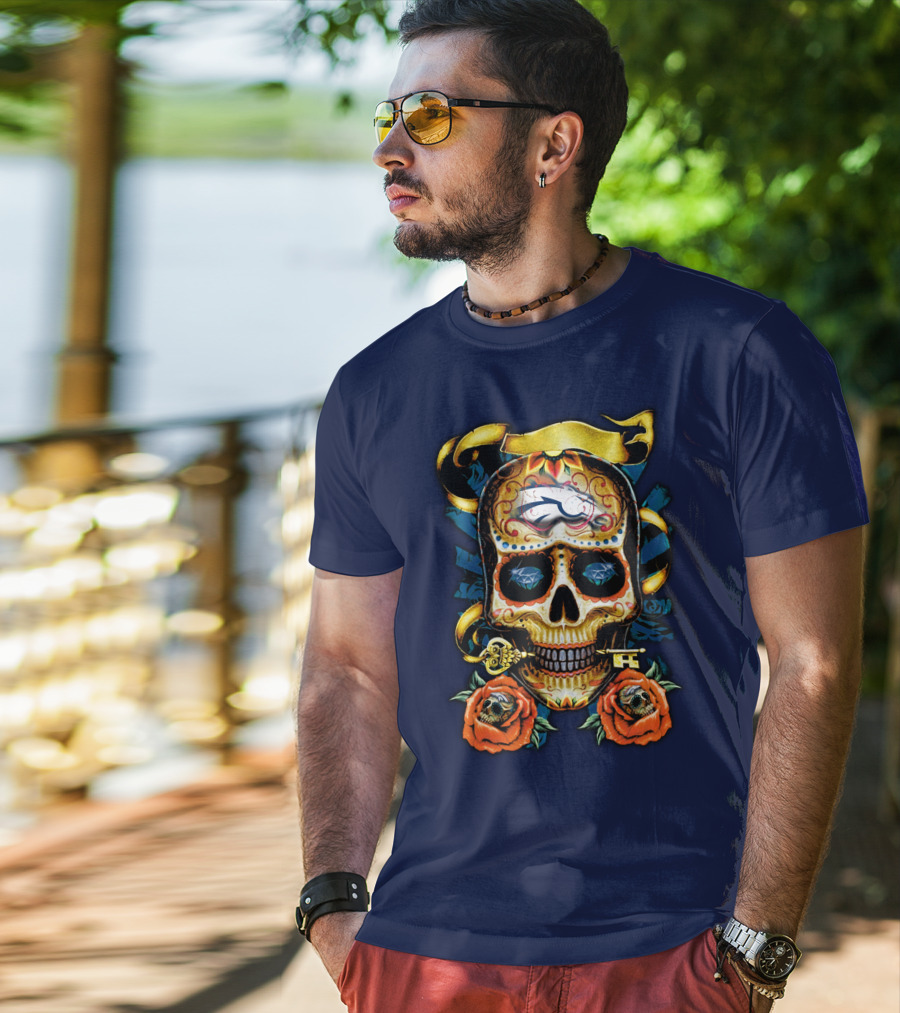 Denver Broncos 42 Sugar Skull Roses Key Ribbon T-Shirt