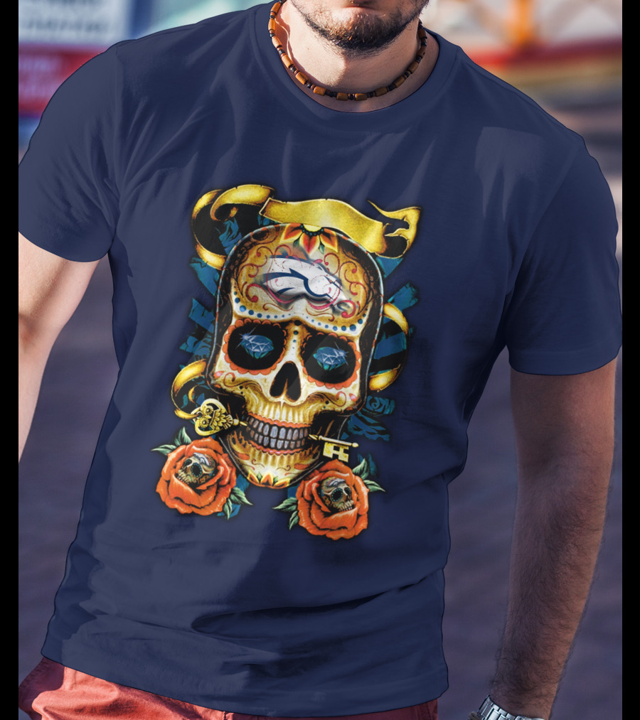 Denver Broncos 42 Sugar Skull Roses Key Ribbon T-Shirt