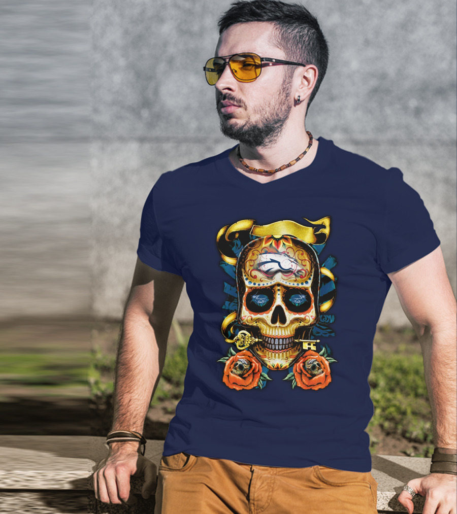 Denver Broncos 42 Sugar Skull Roses Key Ribbon T-Shirt