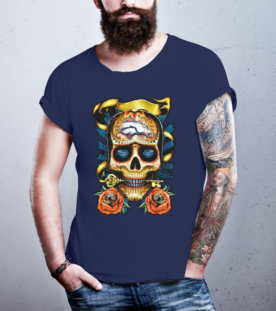 Denver Broncos 42 Sugar Skull Roses Key Ribbon T-Shirt