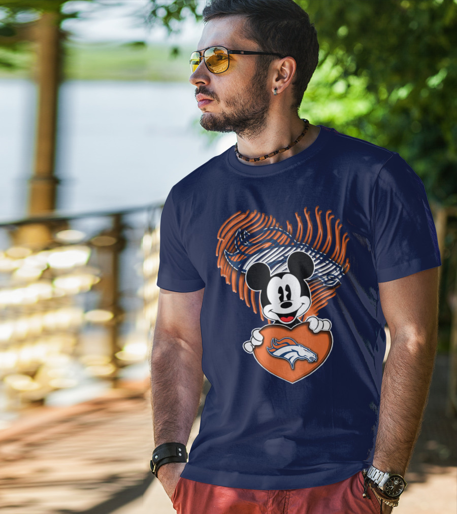 Mickey Mouse Holding Denver Broncos Logo Heart With Bronco Horse Outline T-Shirt