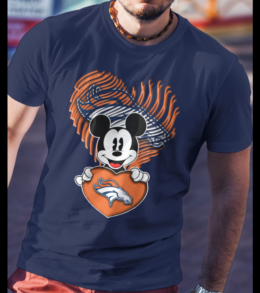 Mickey Mouse Holding Denver Broncos Logo Heart With Bronco Horse Outline T-Shirt