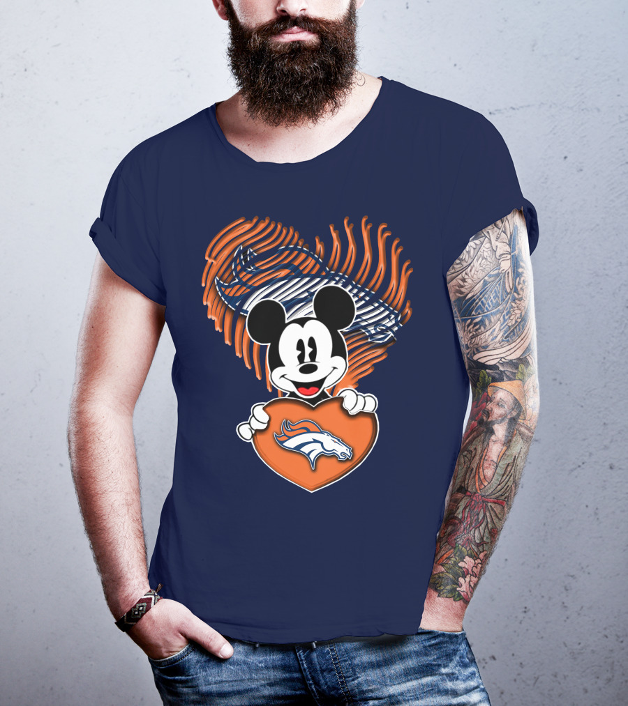 Mickey Mouse Holding Denver Broncos Logo Heart With Bronco Horse Outline T-Shirt