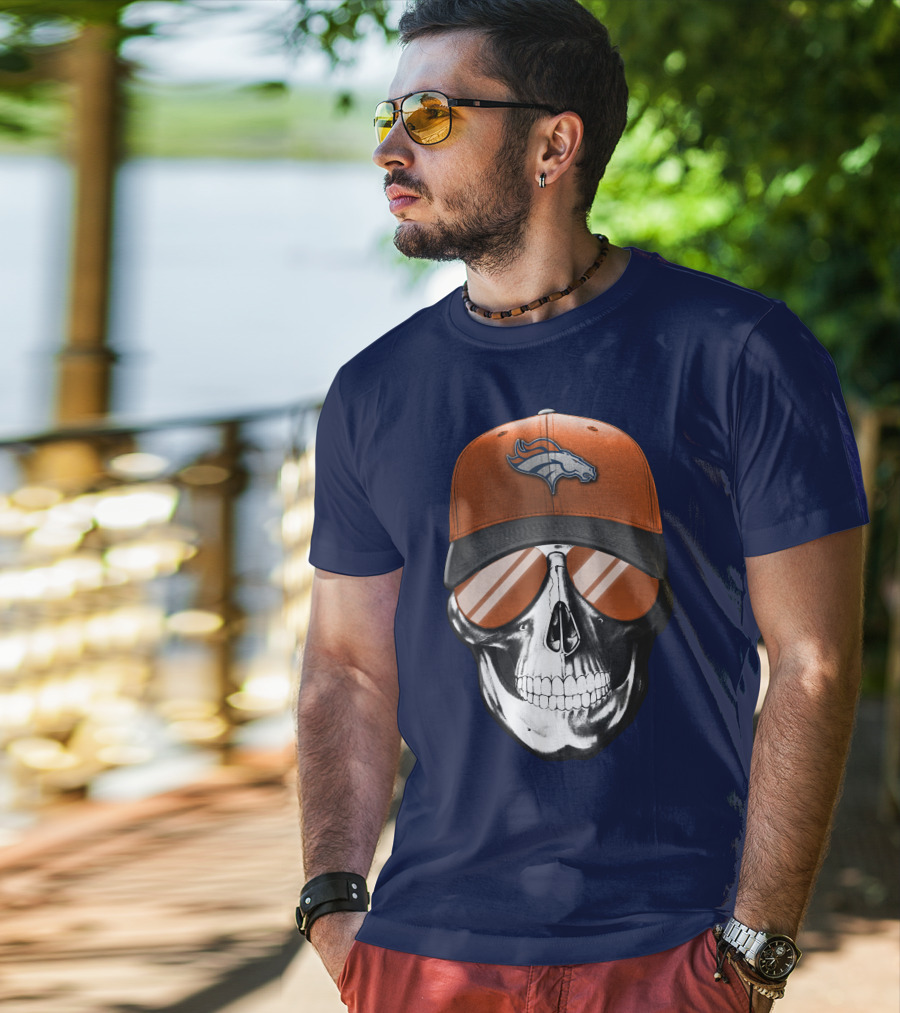 Skull V7 Denver Broncos Cap And Sunglasses T-Shirt