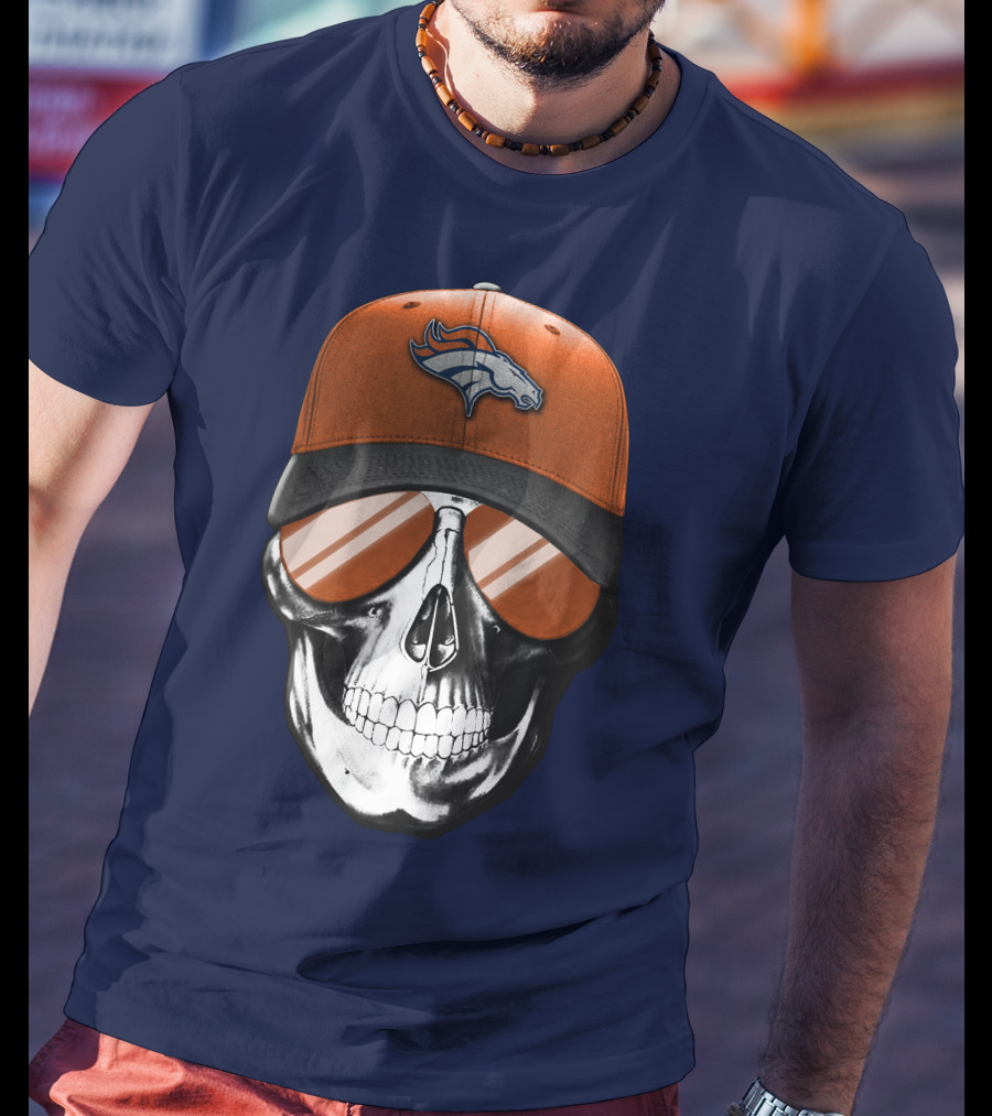Skull V7 Denver Broncos Cap And Sunglasses T-Shirt
