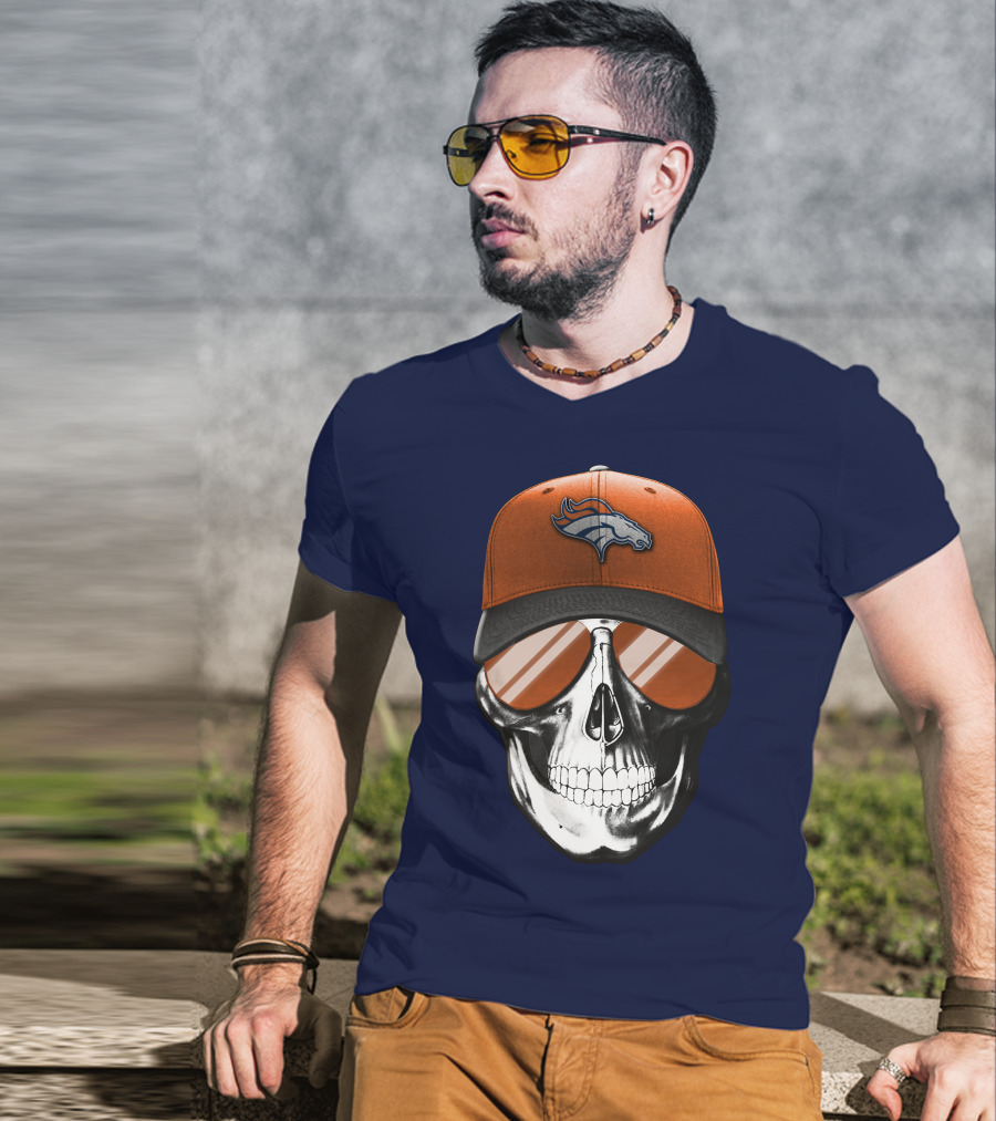Skull V7 Denver Broncos Cap And Sunglasses T-Shirt
