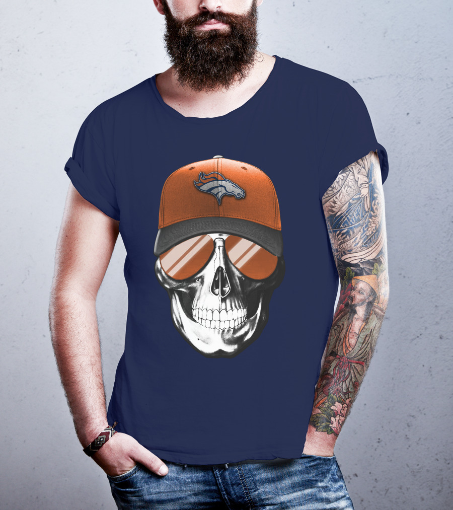 Skull V7 Denver Broncos Cap And Sunglasses T-Shirt