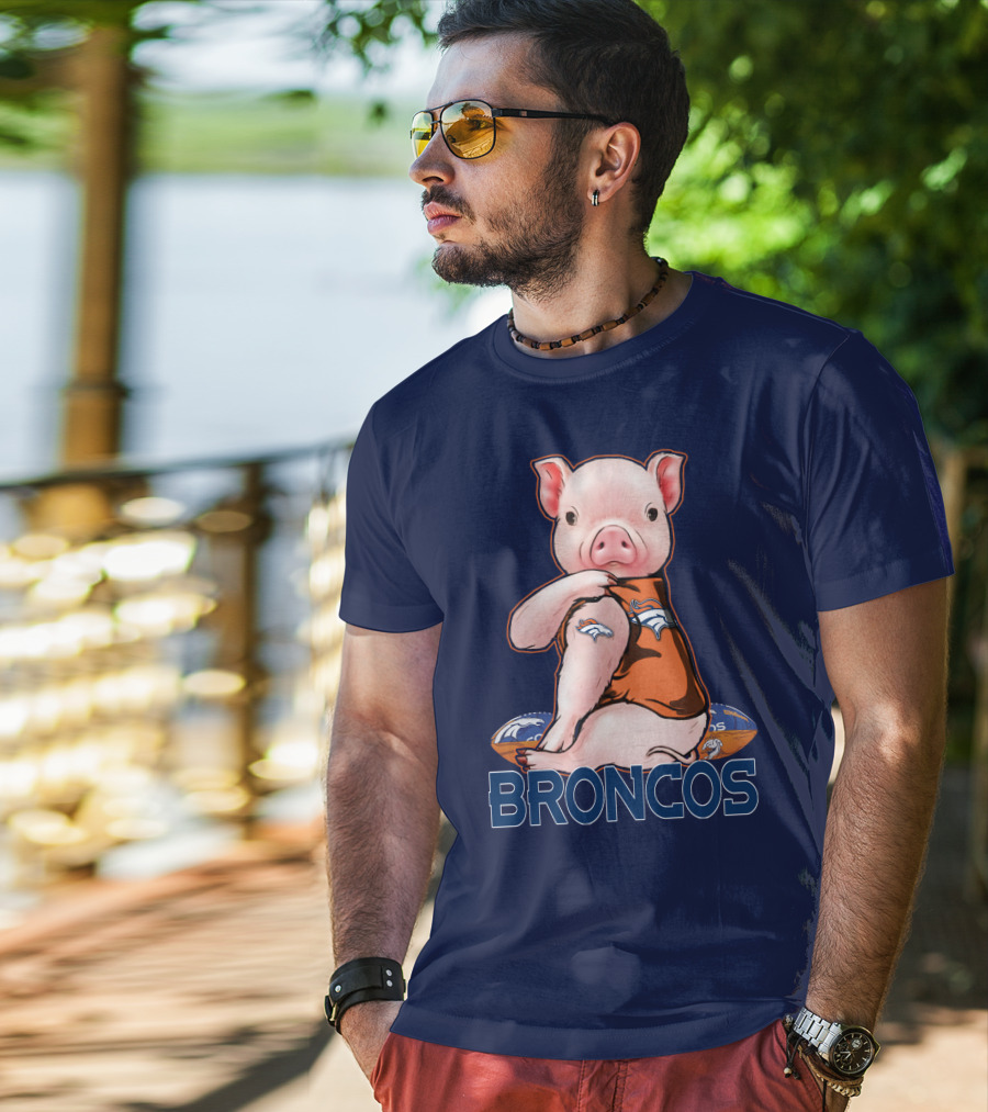 Pig Wearing Denver Broncos Jersey On Football With Broncos T-Shirt