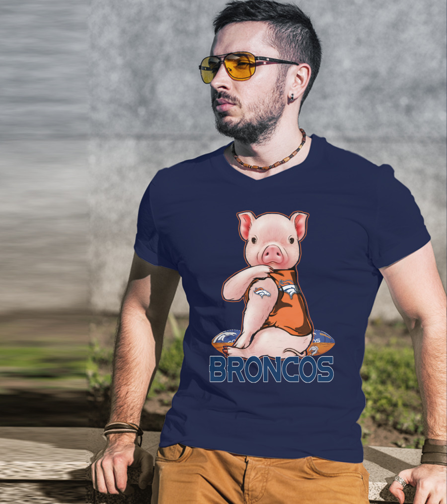 Pig Wearing Denver Broncos Jersey On Football With Broncos T-Shirt