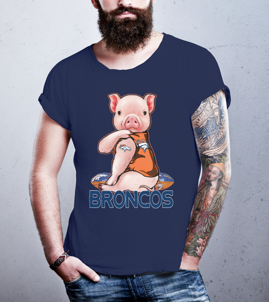 Pig Wearing Denver Broncos Jersey On Football With Broncos T-Shirt