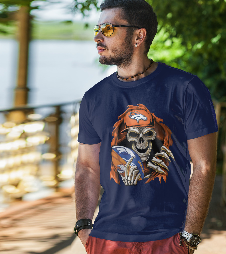 Skullbong Denver Broncos Skeleton Holding Football With Team Logo Helmet And Cap T-Shirt