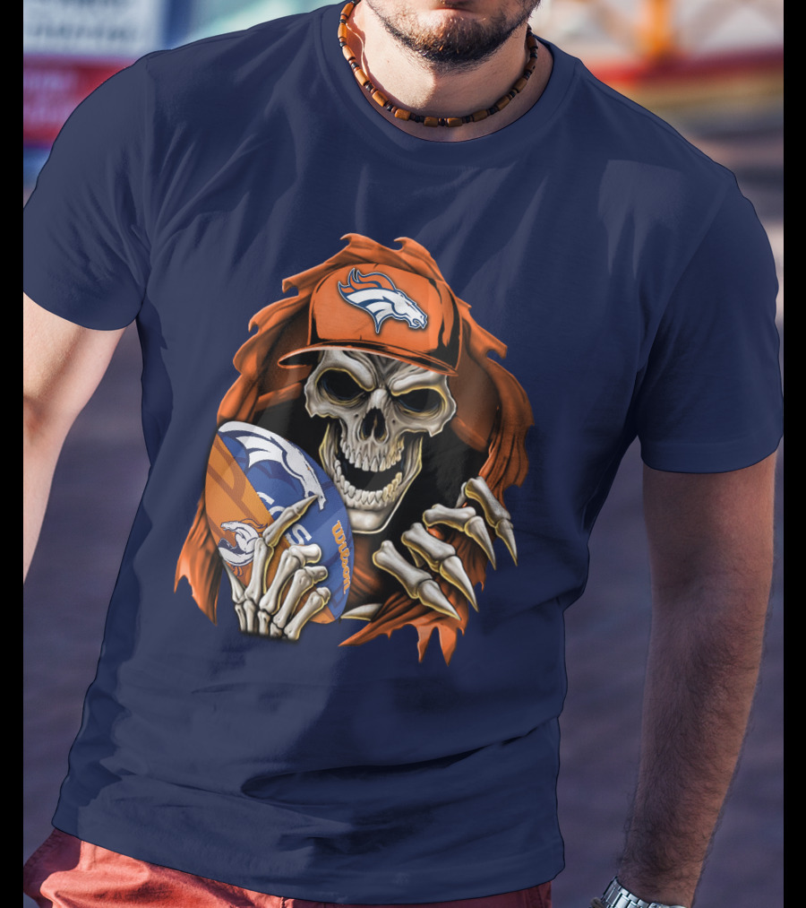 Skullbong Denver Broncos Skeleton Holding Football With Team Logo Helmet And Cap T-Shirt