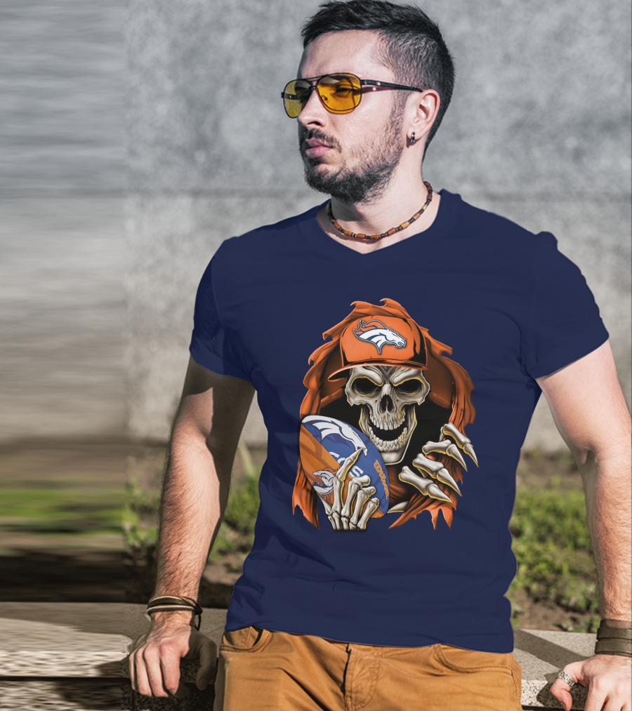 Skullbong Denver Broncos Skeleton Holding Football With Team Logo Helmet And Cap T-Shirt