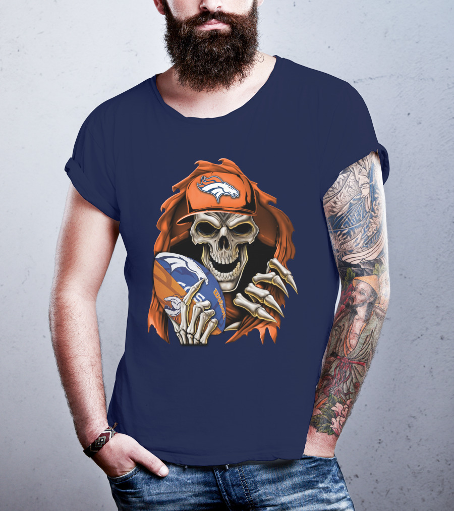 Skullbong Denver Broncos Skeleton Holding Football With Team Logo Helmet And Cap T-Shirt