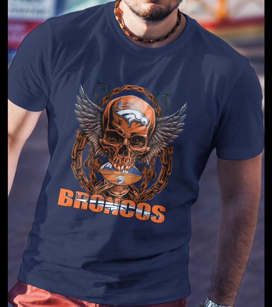 Skullfb Denver Broncos Winged Skull Football Chain T-Shirt
