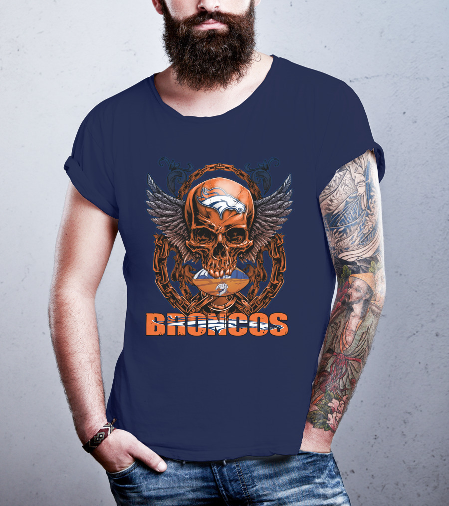 Skullfb Denver Broncos Winged Skull Football Chain T-Shirt